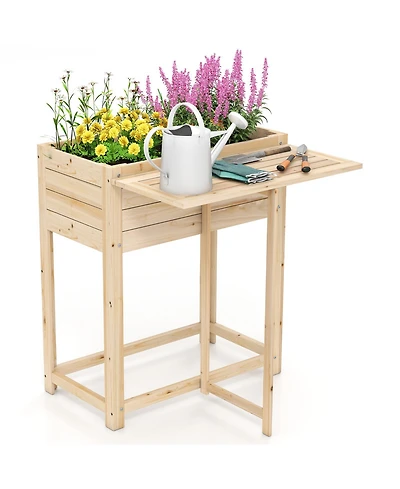 Sugift Wooden Raised Garden Bed with Legs and Foldable Side Table