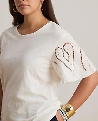 Lauren Ralph Plus Eyelet Cotton Jersey & Broadcloth Top