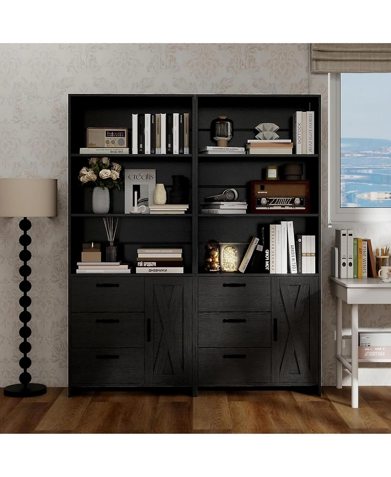 gaomon 71" Tall 6-Tier Bookshelf with Door and 3 Drawers, Modern Wooden Bookcase