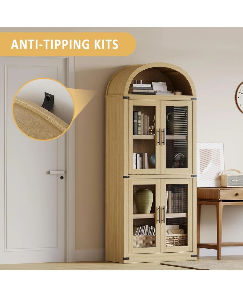 gaomon 71" Arched Farmhouse Bookshelf with Glass Doors and Drawers, Rounded Storage Cabinet