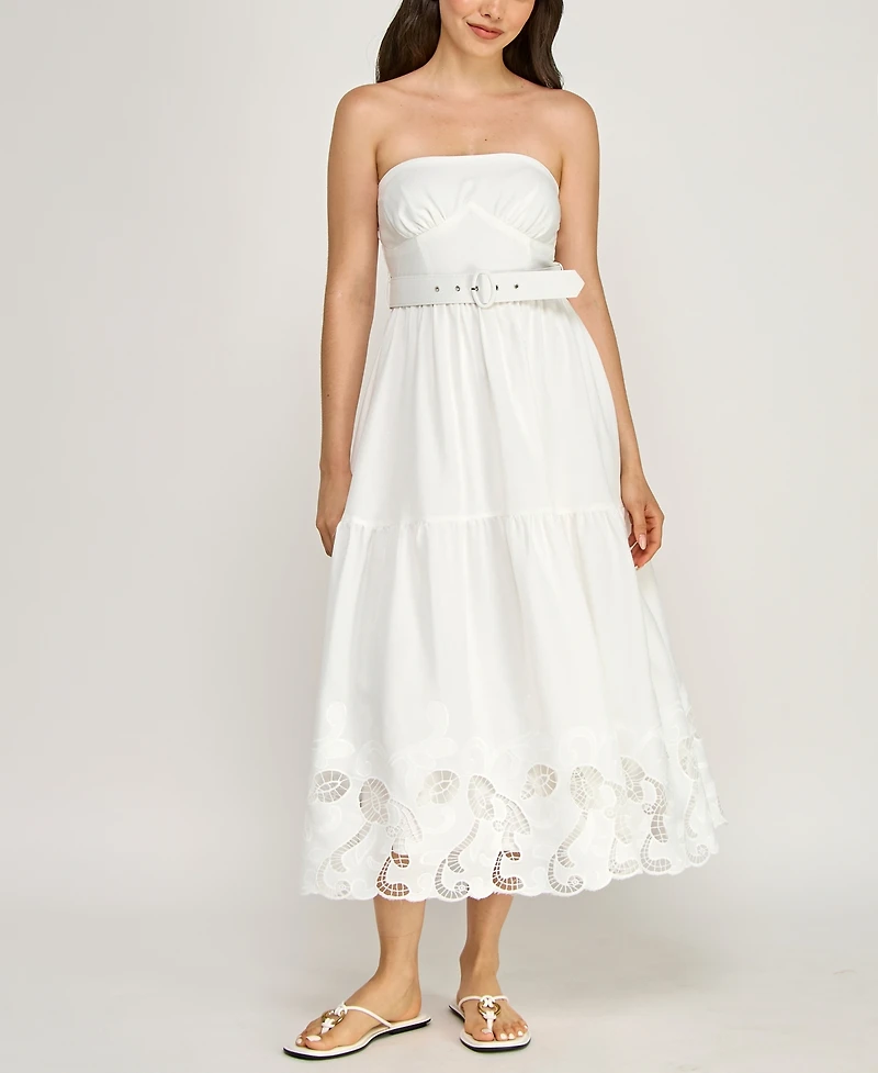 Row A Juniors' Strapless Sweetheart Neck Lazer Cutout Hem Belted Midi Dress