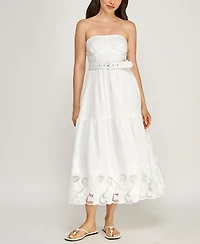 Row A Juniors' Strapless Sweetheart Neck Lazer Cutout Hem Belted Midi Dress