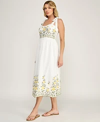 Row A Juniors' Tie-Shoulder Straps Embroidered Slim Sweetheart Neck Midi Dress