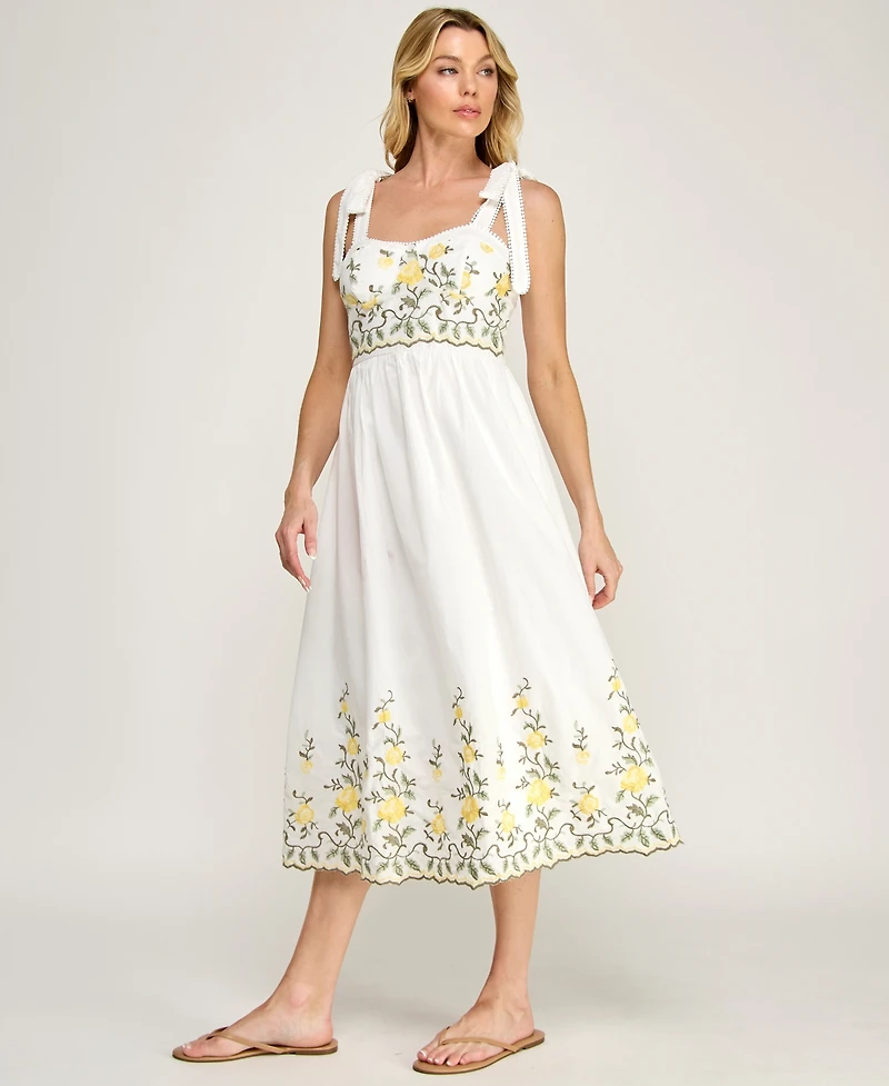 Row A Juniors' Tie-Shoulder Straps Embroidered Slim Sweetheart Neck Midi Dress