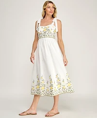 Row A Juniors' Tie-Shoulder Straps Embroidered Slim Sweetheart Neck Midi Dress
