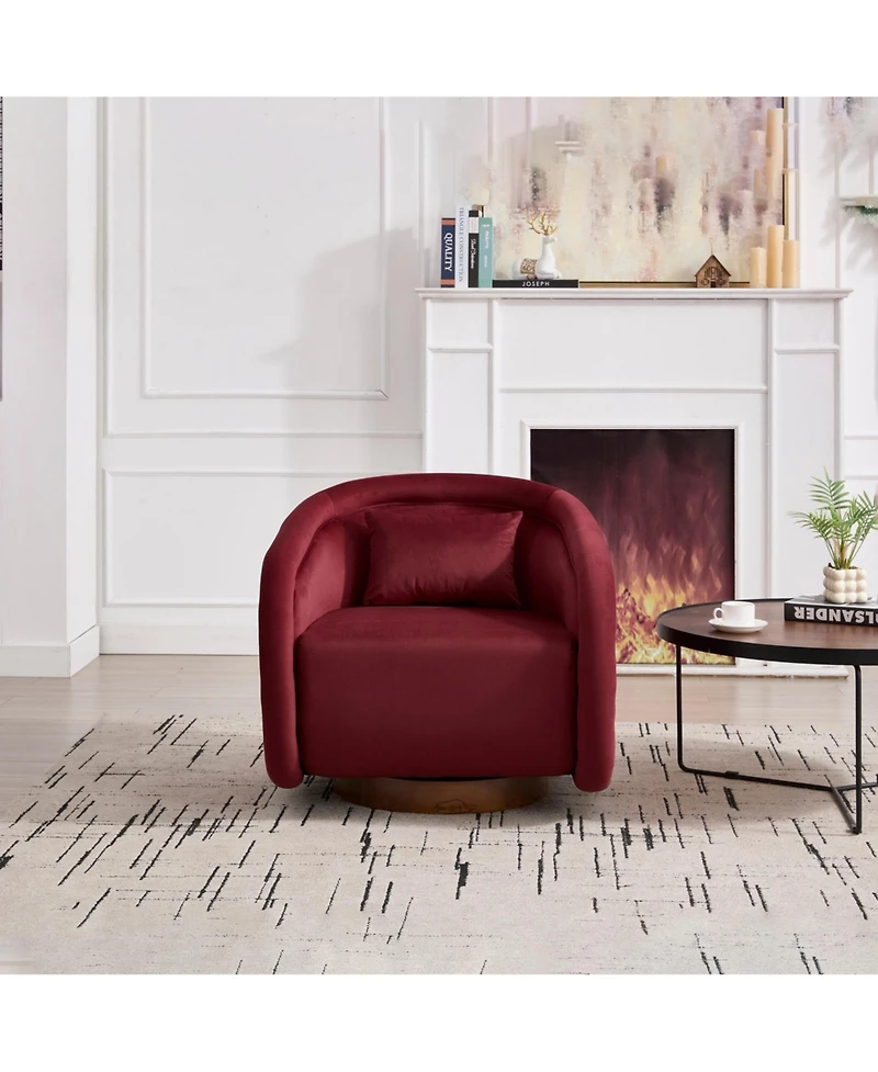 Boyel Living Swivel Accent Chair 360 Degree Velvet Barrel Chair Pumpkin Shaped Brown Rubberwood Base