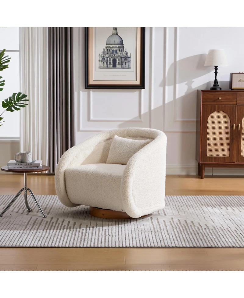 Boyel Living Swivel Accent Chair 360 Degree Velvet Barrel Pumpkin Shaped Brown Rubberwood Base