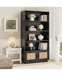 gaomon 5-Tier Boho Wooden Bookcase with Rattan Doors and Storage