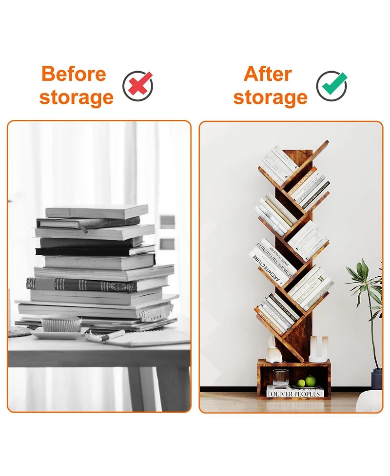 gaomon 8-Tier Wooden Tree Bookshelf, Tall Freestanding Storage Organizer for Kids and Adults