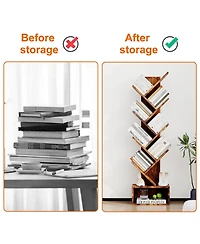 gaomon 8-Tier Wooden Tree Bookshelf, Tall Freestanding Storage Organizer for Kids and Adults