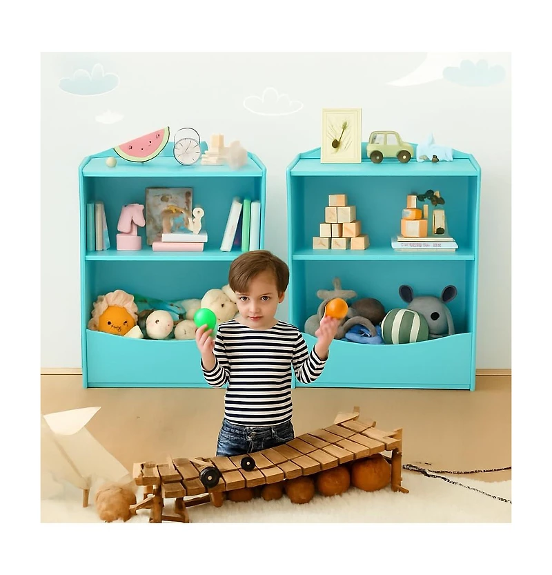 gaomon 2-Tier Wooden Kids Bookshelf and Toy Storage Organizer, Curved Design with Multi Cubbies
