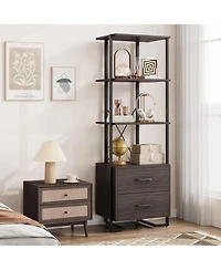 gaomon Modern 3-Tier Industrial Bookcase with 2 Storage Drawers, Wood and Metal Standing Shelf