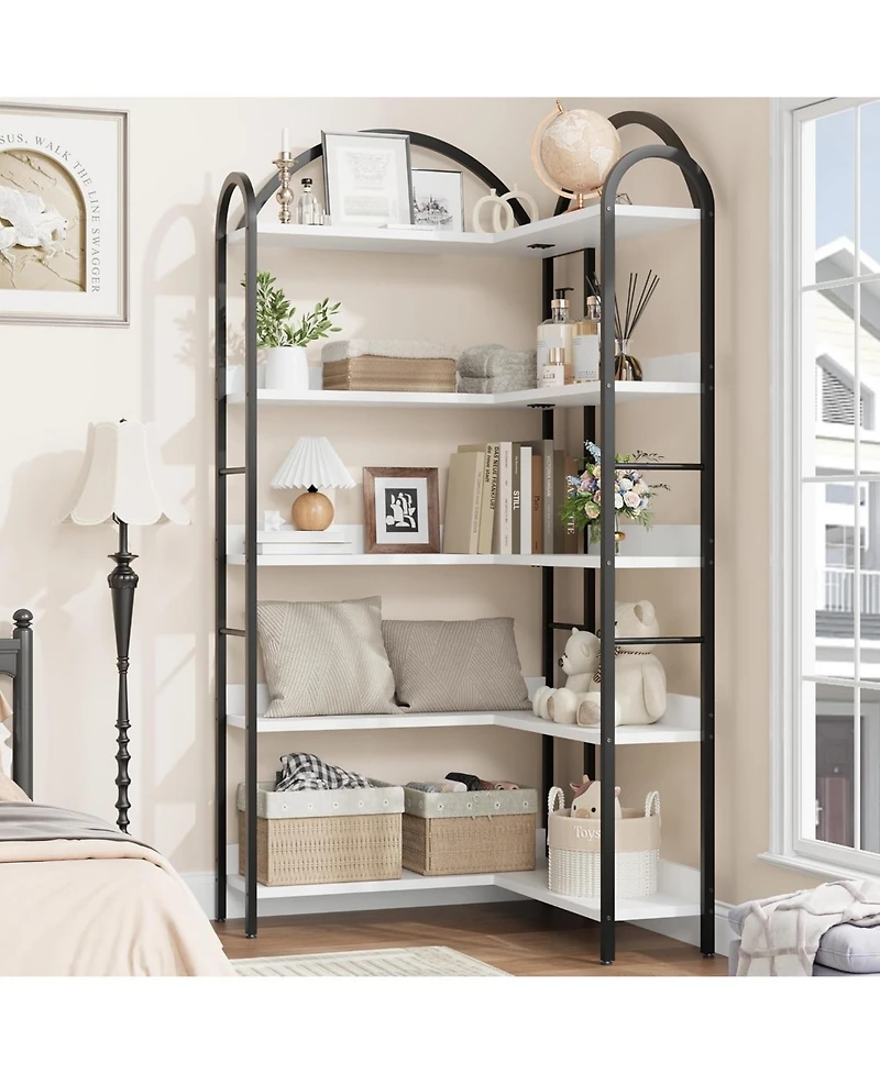 gaomon 68.5" Industrial L-Shaped Corner Bookshelf, 5-Tier Arched Metal Frame Corner Bookcase