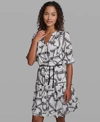 Karl Lagerfeld Paris Womens Printed Belt Collared Dress