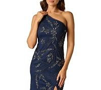Adrianna Papell Women's One Shoulder Bead Mesh Long Dress