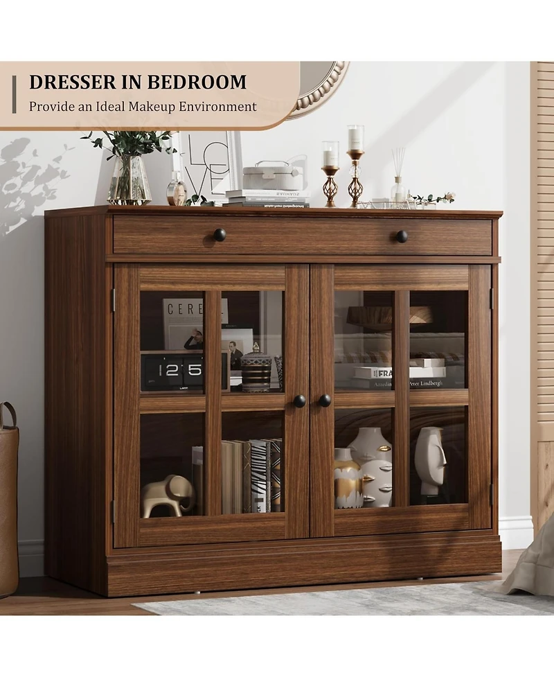 gaomon Modern Sideboard Buffet Cabinet with 2 Glass Doors and Storage Drawer - Adjustable Shelf, Versatile Entryway Storage