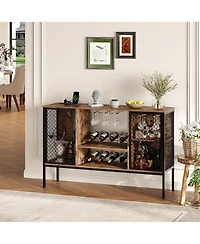 gaomon 47 in Industrial Coffee Bar Cabinet with Led Lights and Power Outlets, Wood Liquor Cabinet with 2 Doors, Glass Holders and Storage