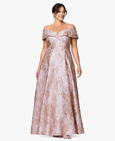 Xscape Plus Off-The-Shoulder Metallic Jacquard Ball Gown