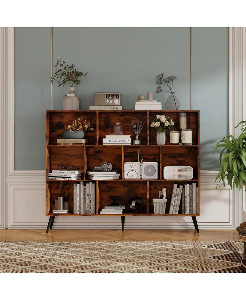 gaomon 10-Cube Wooden 3-Tier Bookcase with 5 Iron Legs, Freestanding Storage Organizer for Home Office