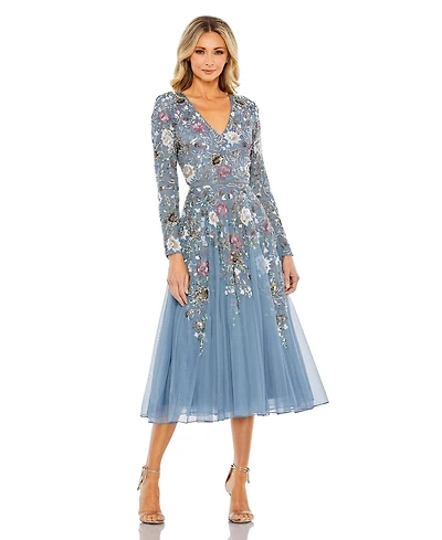 Mac Duggal Women's Hand Embellished Floral V Neck Long Sleeve Dress