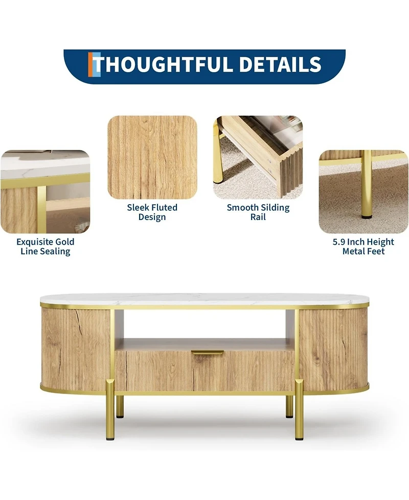 gaomon 48" Oval Coffee Table with Storage, Modern Luxury Coffee Table with Drawer and Faux Marble Top, Fluted Center Table with Curved Profile Design