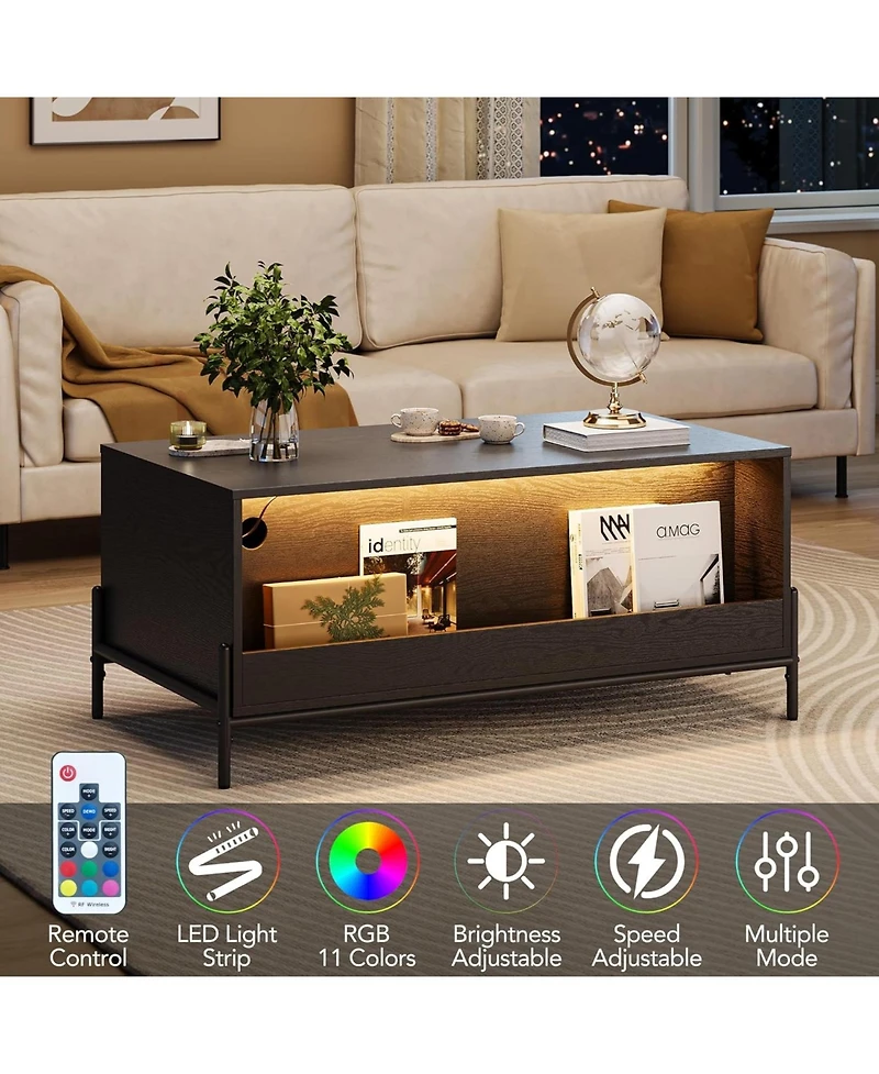 gaomon Farmhouse Rattan Coffee Table, Modern Center Table with 2 Drawers Storage Cabinet and Open Shelf, Rectangle End Table with Metal Frame