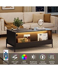 gaomon Farmhouse Rattan Coffee Table, Modern Center Table with 2 Drawers Storage Cabinet and Open Shelf, Rectangle End Table with Metal Frame