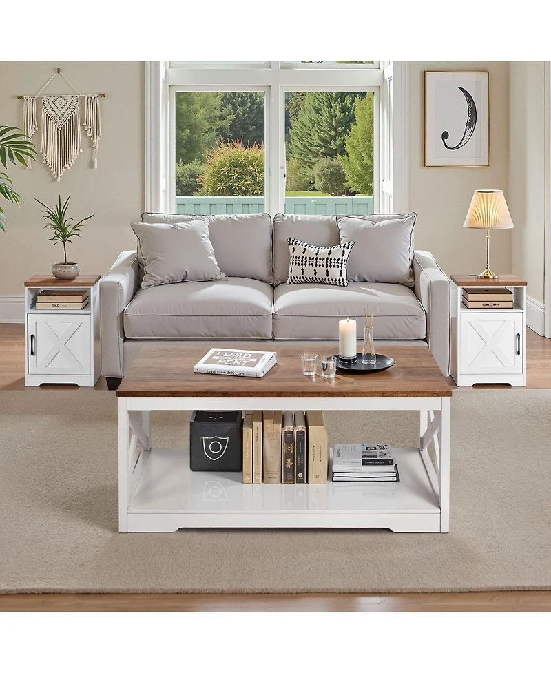 Gouun Farmhouse Coffee Table Set with 2 End Tables and Charging Station