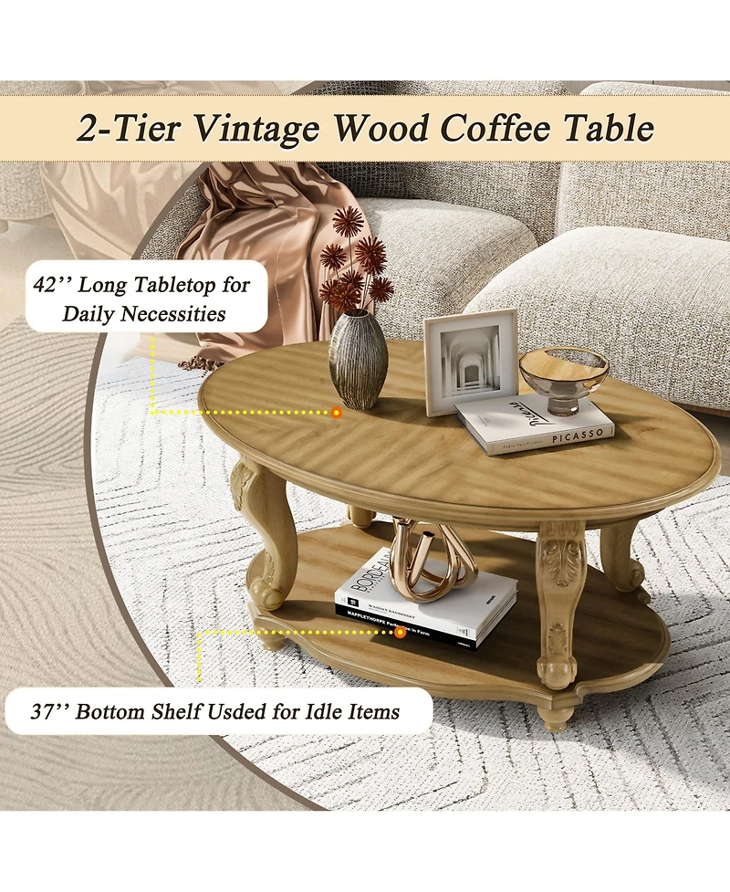 Rainsken 42" Oval Coffee Table, 2-Tier Solid Wood Center Table with Open Storage Shelf for Living Room, Small Space
