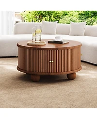 Rainsken Round Fluted Coffee Table with Storage, Modern Solid Wood Center Table Furniture Sliding Door for Living Room, Small Spaces