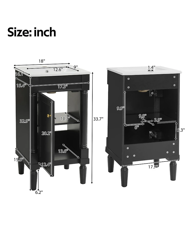 Busdays 18 Inch French Style Small Bathroom Vanity with Ceramic Sink Adjustable Shelf Soft Close Hinges Storage Cabinet