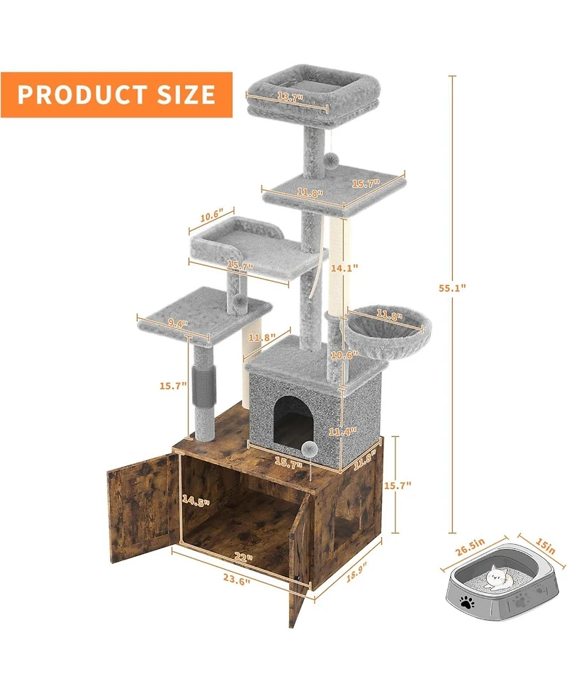 gaomon Cat Tree with Litter Box Enclosure, 2-in-1 Modern Cat Tower with Scratching Posts, Multiple Platform and Large Condo