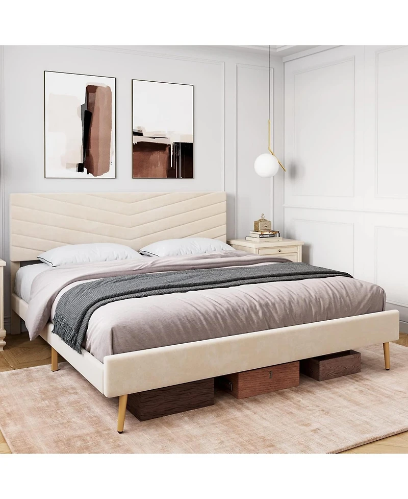gaomon King Upholstered Bed Frame, Velvet Platform Design for Bedroom or Guest Room