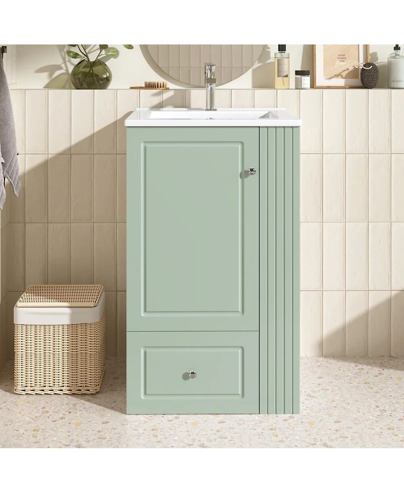 Sillysis 20 Inch Bathroom Vanity with Ceramic Sink, Soft Close Drawer and Side Shelves, Freestanding Storage Cabinet for Small Spaces.