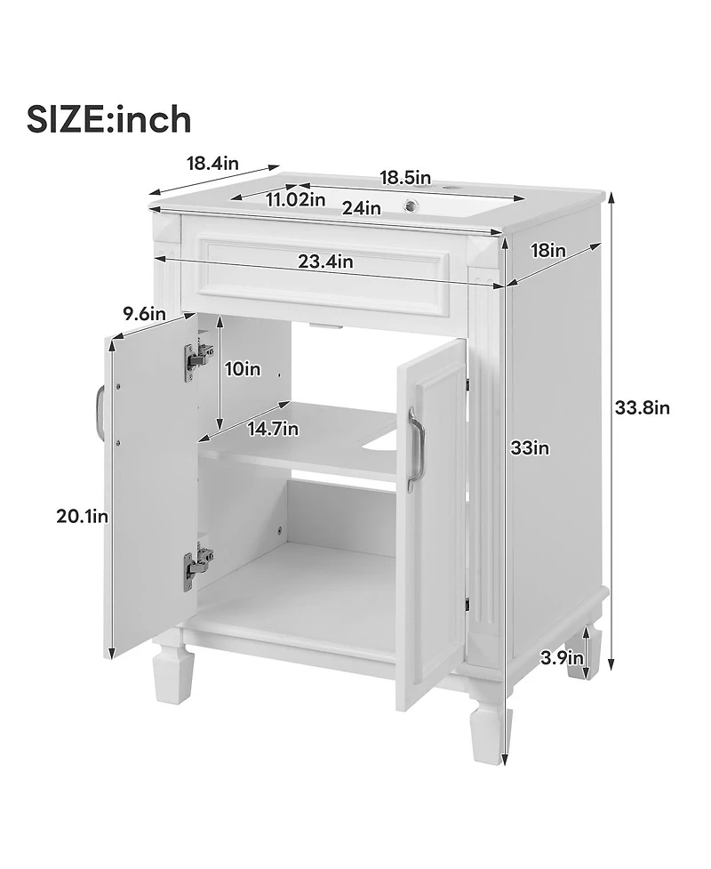 Sillysis 24 Inch Freestanding Bathroom Vanity with Ceramic Sink, Soft Close Storage, Solid Wood Cabinet for Small Spaces.