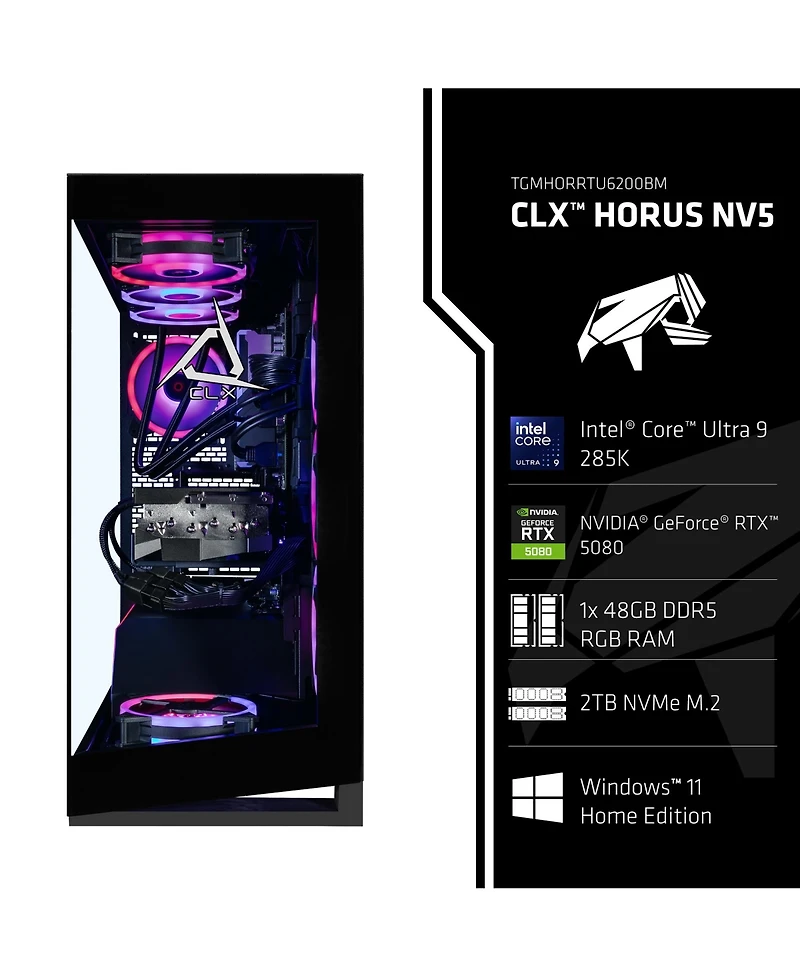 Clx Horus Gaming Pc-Liquid Cooled Intel Core Ultra 9 285K 3.7GHz 24-Core, 48GB DDR5, Rtx 5080 16GB Graphics, 2TB Ssd, WiFi, Windows 11 Home 64-bit