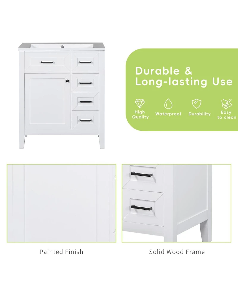 Sillysis 30 Inch Modern Bathroom Vanity Base without Sink, Solid Wood Cabinet with Drawers and Door Shelf, Freestanding Storage.
