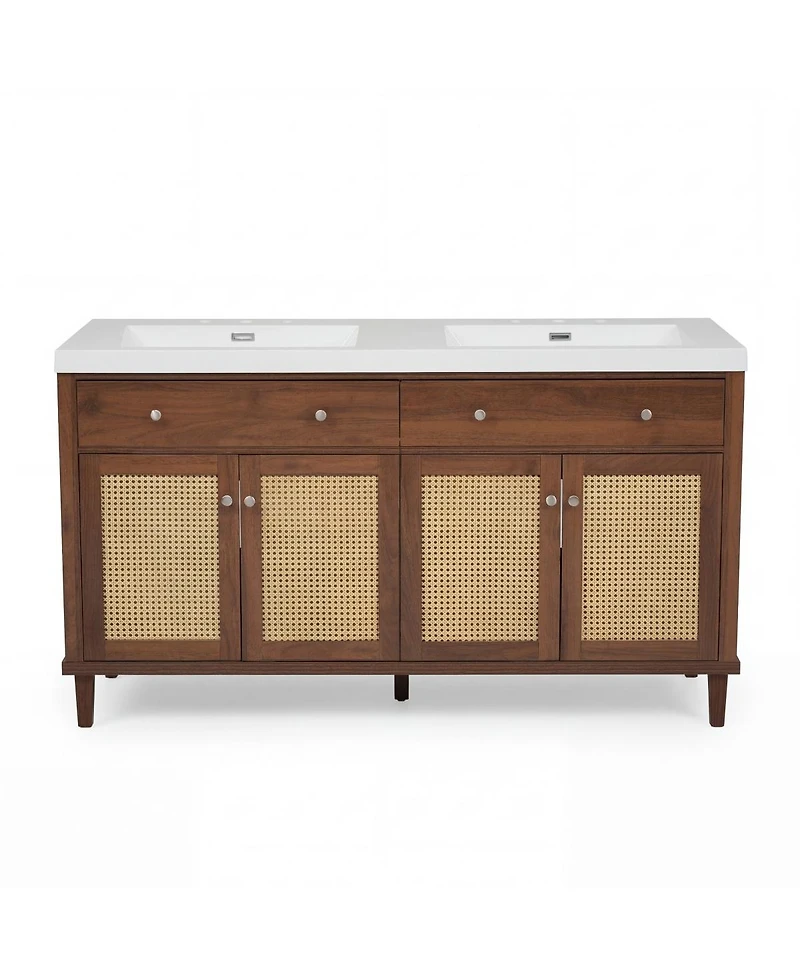 Sillysis 60 Inch Double Sink Bathroom Vanity, Modern Freestanding Cabinet with Smc Sinks, Soft Close Doors, Flip-Out Tray Storage