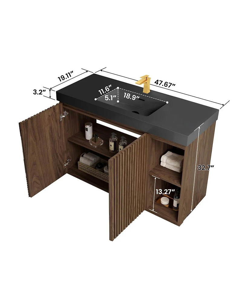 Sillysis 48 Inch Bathroom Vanity with Quartz Sink, Fluted Cabinet, Soft Close Doors and Adjustable Shelves for Large Bathrooms