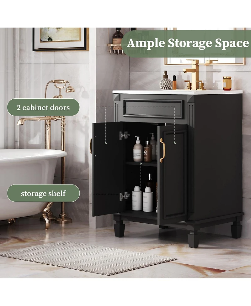 Sillysis 24 Inch Freestanding Bathroom Vanity with Ceramic Sink, Soft Close Storage, Solid Wood Cabinet for Small Spaces.