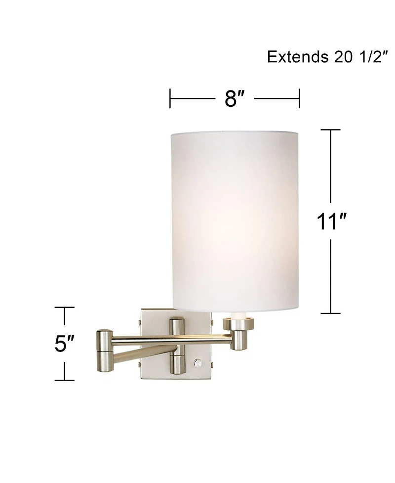 Possini Euro Design Modern Swing Arm Wall Lamp Cord Cover Brushed Nickel Plug-In Light Fixture Cotton Cylinder Shade Bedroom