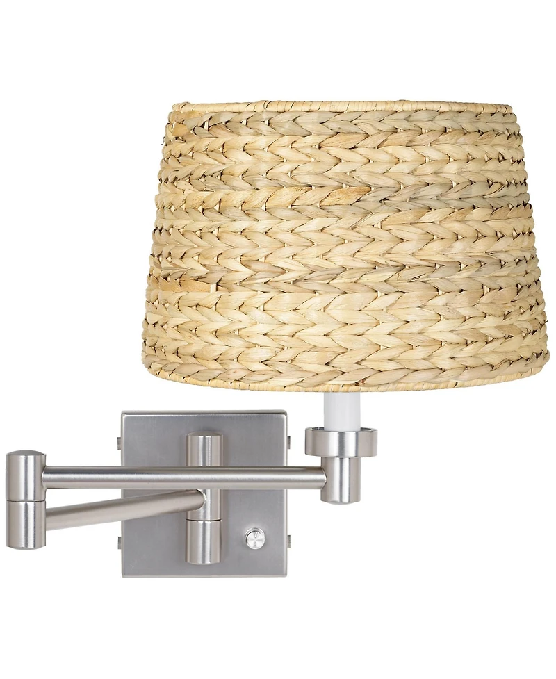 Possini Euro Design Modern Swing Arm Wall Lamp Brushed Nickel Plug-In Light Fixture Woven Seagrass Drum Shade for Bedroom Bedside