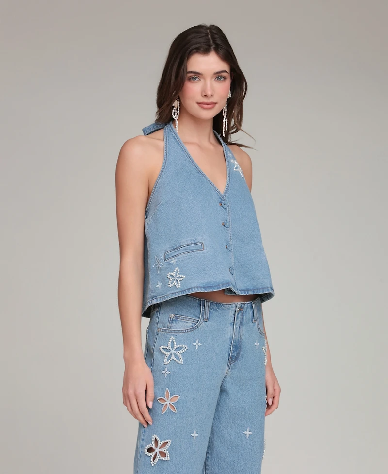 Avec Les Filles Women's Mid-Rise Floral Cutout Jeans