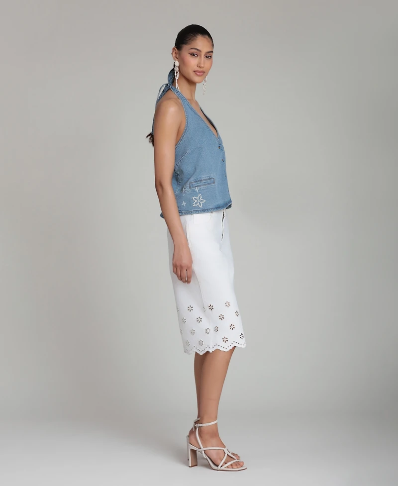 Avec Les Filles Women's Mid-Rise Floral Cutout Detail Shorts