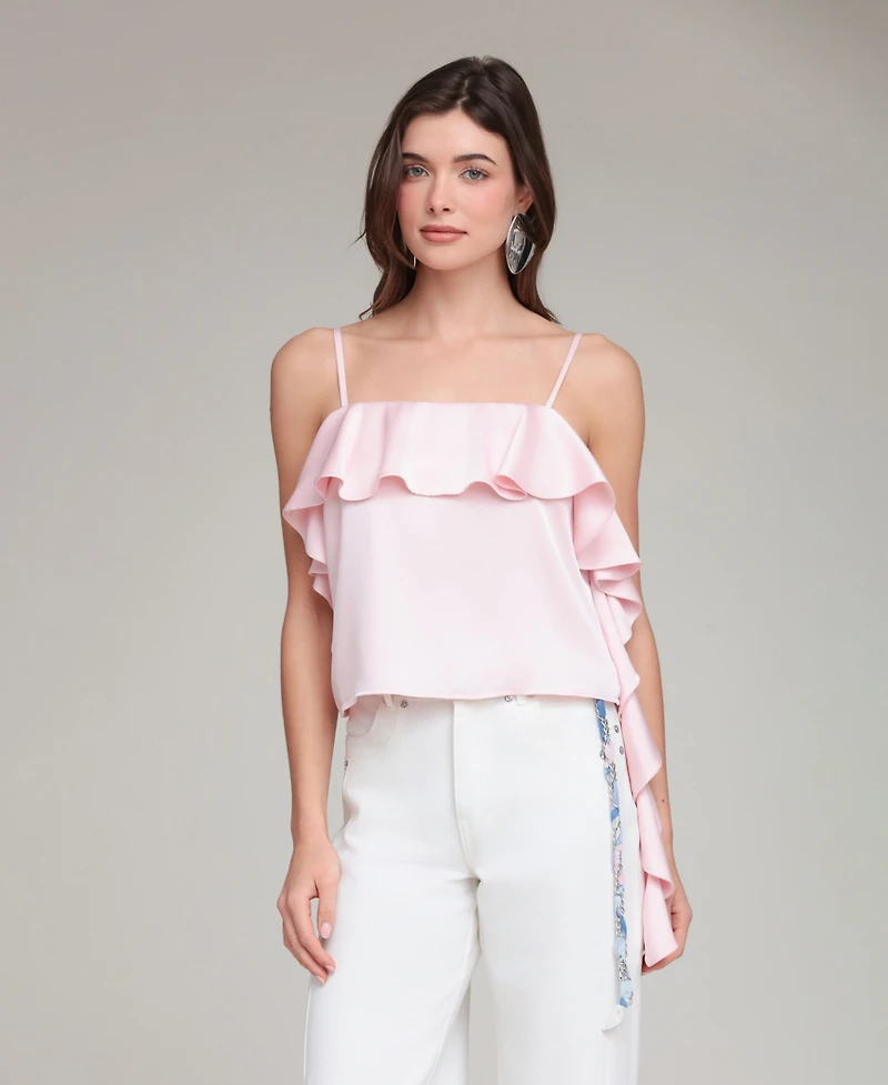 Avec Les Filles Women's Asymmetrical Ruffle Detail Square Neck Top