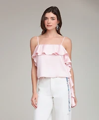 Avec Les Filles Women's Asymmetrical Ruffle Detail Square Neck Top