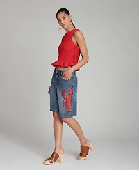 Avec Les Filles Women's Mid-Rise Lobster Embroidered Denim Shorts