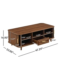 Rainsken Modern Rectangular Coffee Table with Vertical Grooved Panels, Pull-out Drawer and 6 Storage Compartments, Center Table for Living Room
