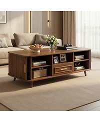 Rainsken Modern Rectangular Coffee Table with Vertical Grooved Panels, Pull-out Drawer and 6 Storage Compartments, Center Table for Living Room