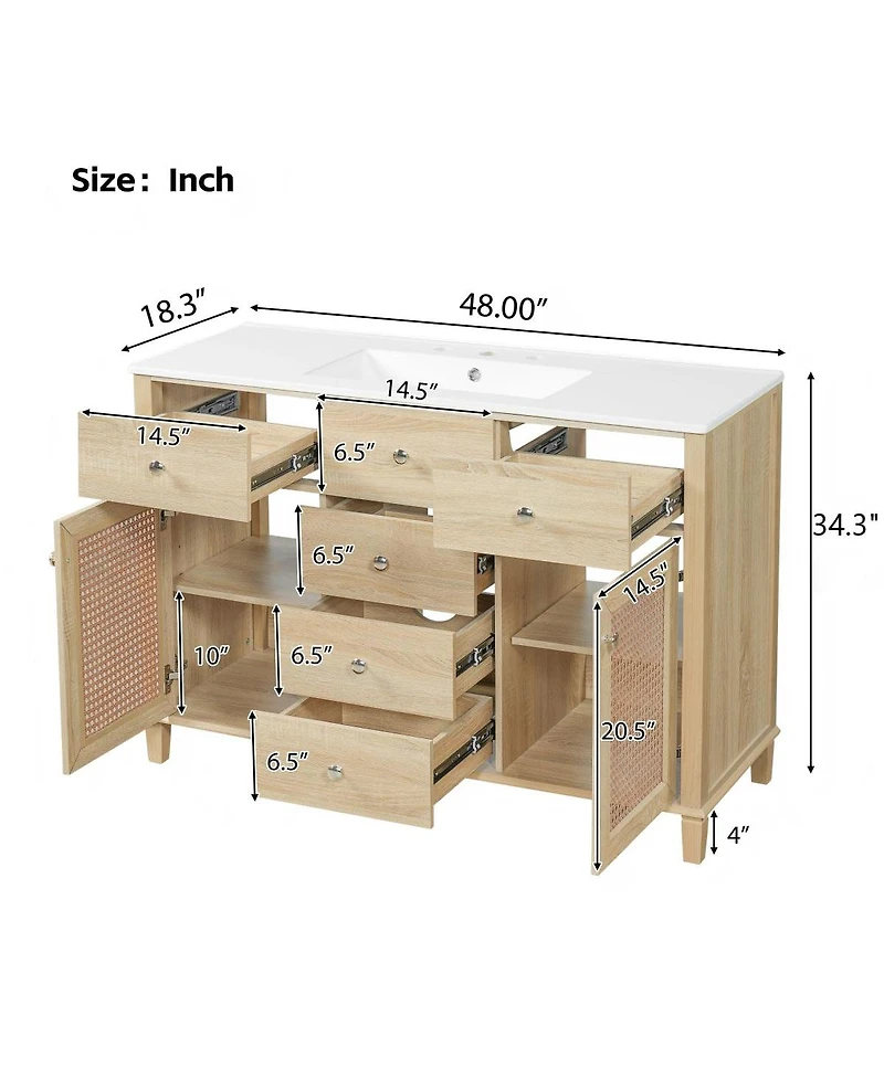Sillysis 48 Inch Freestanding Bathroom Vanity with 5 Drawers, Rattan Doors and Ceramic Sink, Modern Soft Close Storage